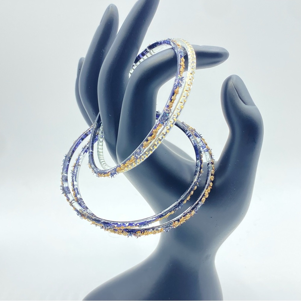 Vintage Black Clear Gold Glitter Glass Bangle Bracelets Shimmer Textured Unique